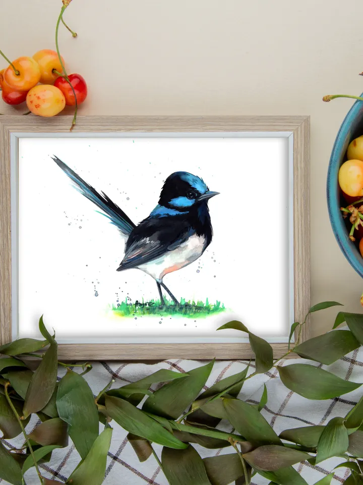 Blue fairy wren original watercolor, bird on the branch painting, colibri portrait room decor, 8x11 in wall art for bird lovers handmade by Anne Gorywine