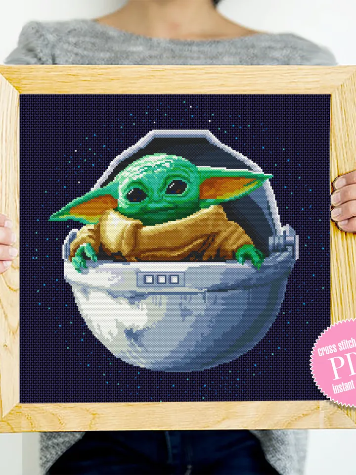 Green baby Yoda Grogu cross stitch pattern instant download PDF, Fantasy movie Mandalorian heroes cross stitch chart, Fun art, Star Wars Characters, Starry night sky #SW2