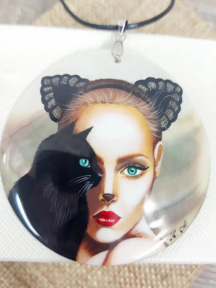 Pearl pendant necklace: Catwoman with Green Eyes and black Cat on handmade jewelry pendant • Statement dainty necklace for evening dress