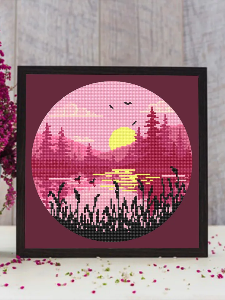Nature cross stitch pattern download PDF Lake landscape cross stitch Sunset embroidery Forest silhouette xstitch chart DIY Home decor #L15