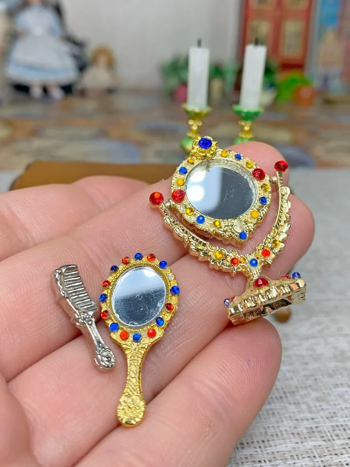 Accessories for a dollhouse in scale 1:12. Table mirror. Candles in candlesticks. Dollhouse miniature.