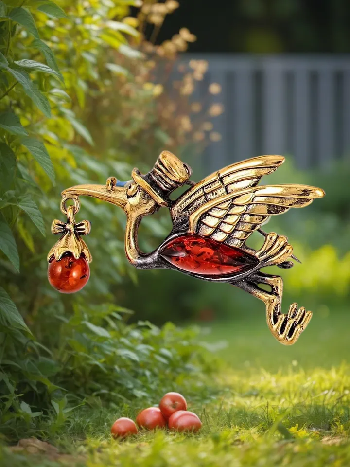 Stork Bird Brooch Amber Brooch Women Children Stork with Baby Cartoon brooch Fairy tale jewelry gift for sister friend