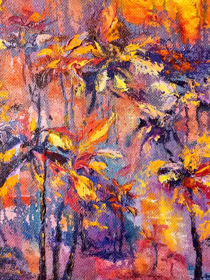 Sunset Oil Painting Original Art Palm Trees Pond Tropics Artist Svinar Oksana