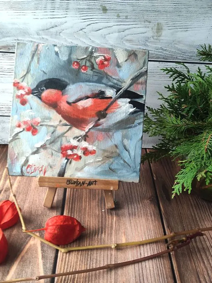 Bullfinch Painting 牛蛙 Original Art Bird Artwork Original Oil Painting