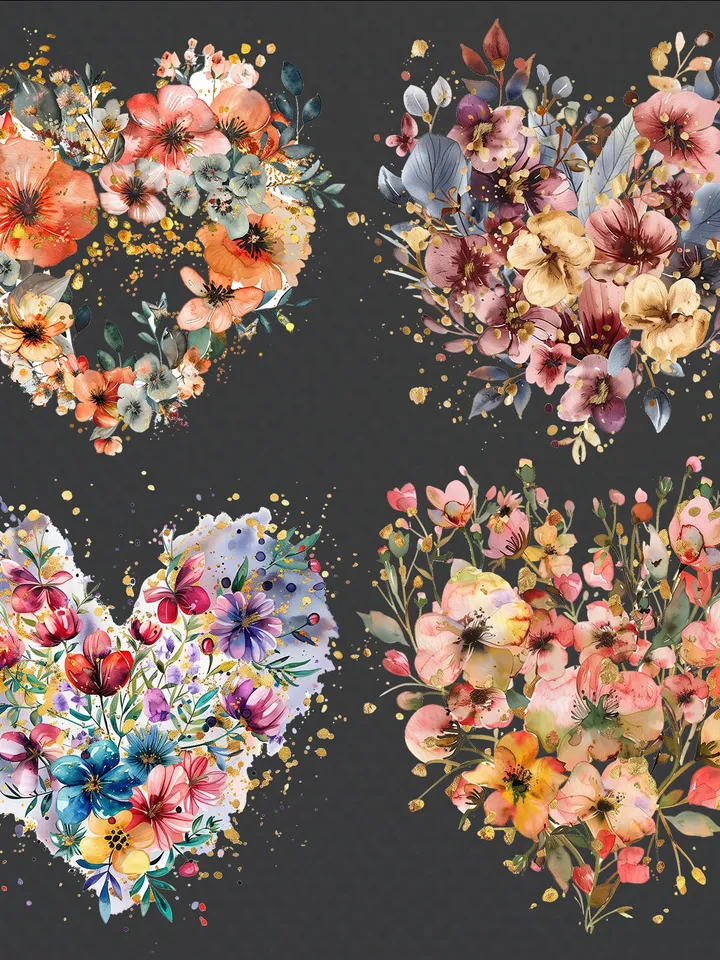 20 Floral Heart PNG Clipart, Watercolor clipart, Floral Heart sublimation, Golden Hear in flowers clip art, Digital download, junk journal