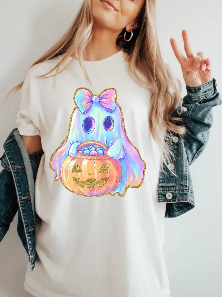 Iridescent Ghost Pumpkin PNG, Coquette Halloween Design, Iridescent Ghost Pumpkin Design, Halloween PNG, Girly Halloween Png, Cute Ghost Png