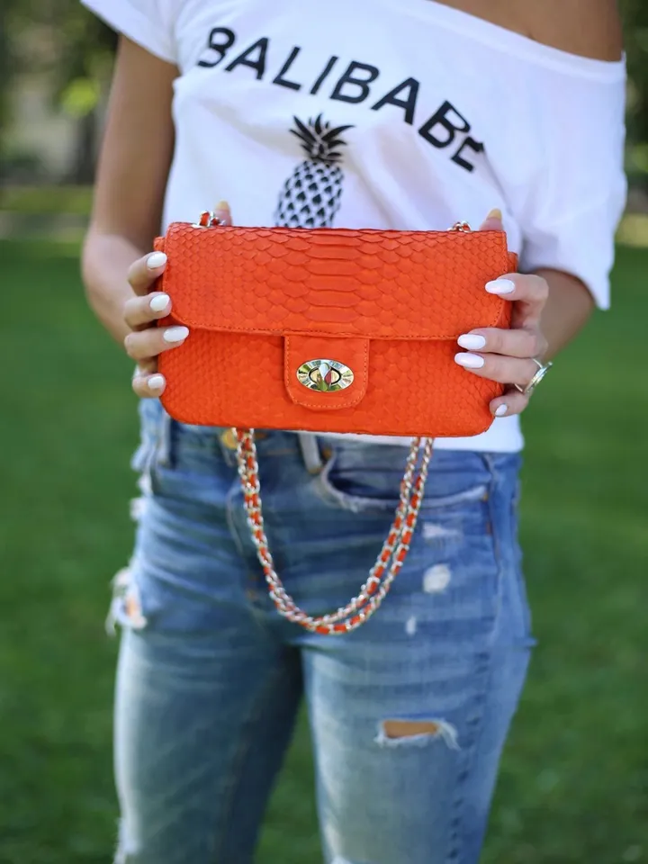 Orange Genuine Python Skin Bag | Exotic lethaer Bags | Leather Women Chain Crossbody | Classy Summer Bag | Leather Handmade Bags | Purses