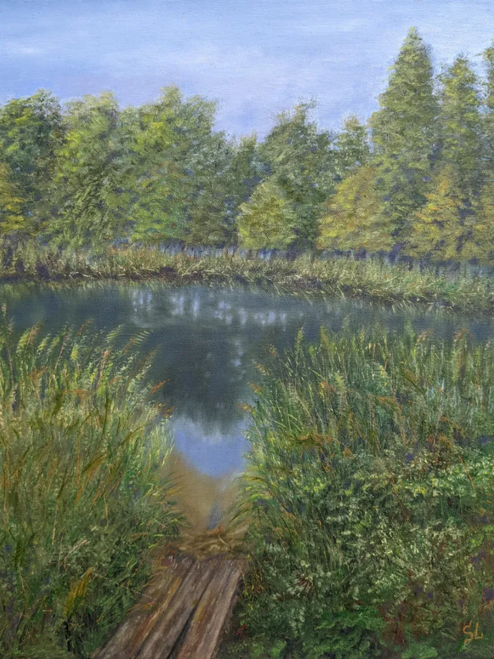 Summer landscape with a river and a wooden bridge, tall grass and trees, original painting 16x12 inches