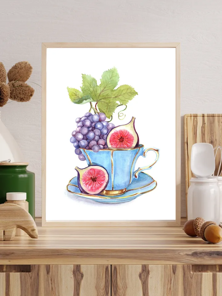 Tea Cup Watercolor Painting Print Fruit Watercolor Tea Lovers Vintage Tea Cup Art Figs Tea Party Decor Gift For Tea Lover Print Wall Art