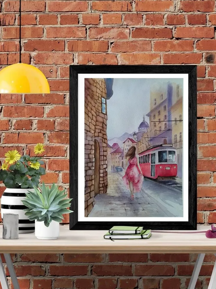 Red Tram Painting Original Watercolor Art Urban Landscape Arwork Old Street Picture Girl Dress 11.81x15.74 in by SoftWaves