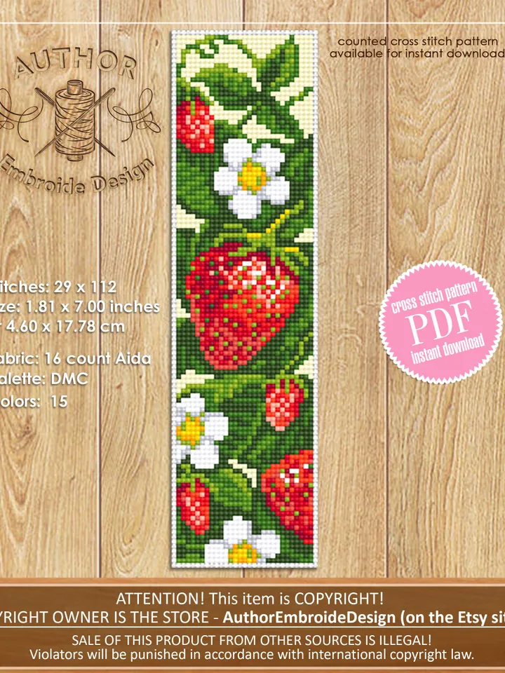 Strawberry bookmark cross stitch pattern download PDF Red berries cross stitch chart, Digital bookmark fruit, Strawberry pattern PDF #B149