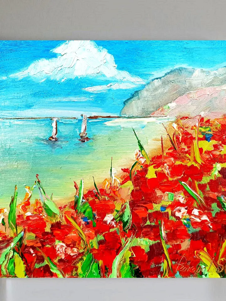 Point Reyes Painting Red Poppies Fields Impasto Art California Seascape Original Artwork Travel Gift Gifts  8 x 8 by ArtProkopaloSv