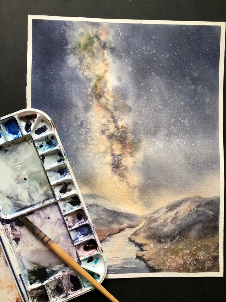 Milky Way Art Space Painting Landscape Watercolor Stars Wall Art Night Sky