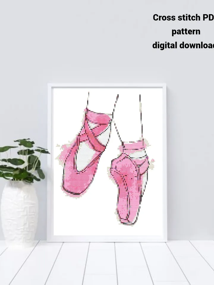 Pink pointe shoes cross stitch PDF pattern, Watercolor embroidery design, Instant download