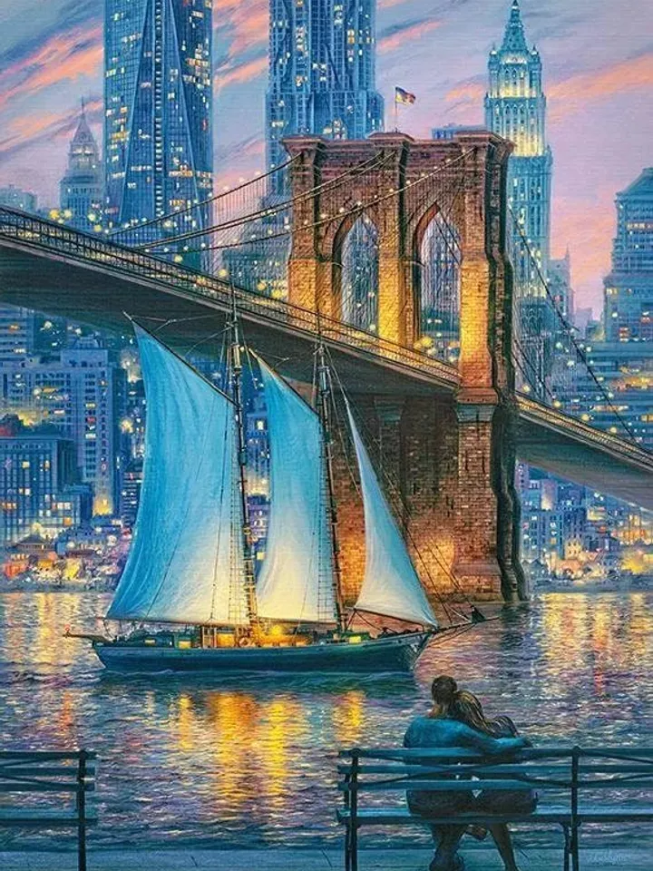 Brooklyn Bridge,sailboat under the bridge,on the river, evening sunset on the bridge,Dream in New York,Puzzles for adults, Romantic New York