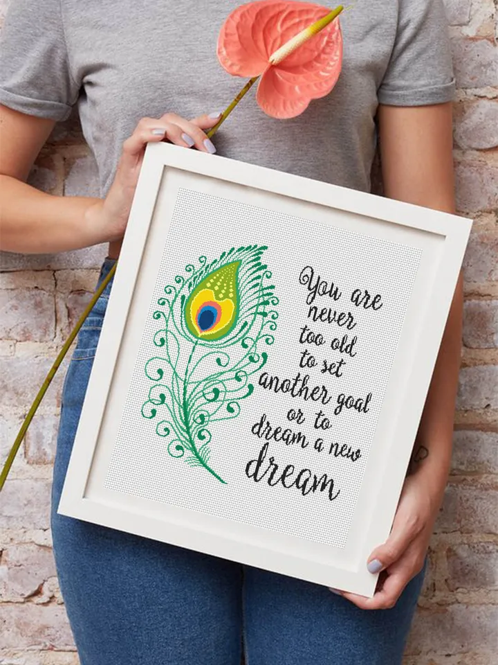 Motivational quote cross stitch pattern PDF download Peacock feather cross stitch chart, Inspirational quote pattern digital PDF #Q8