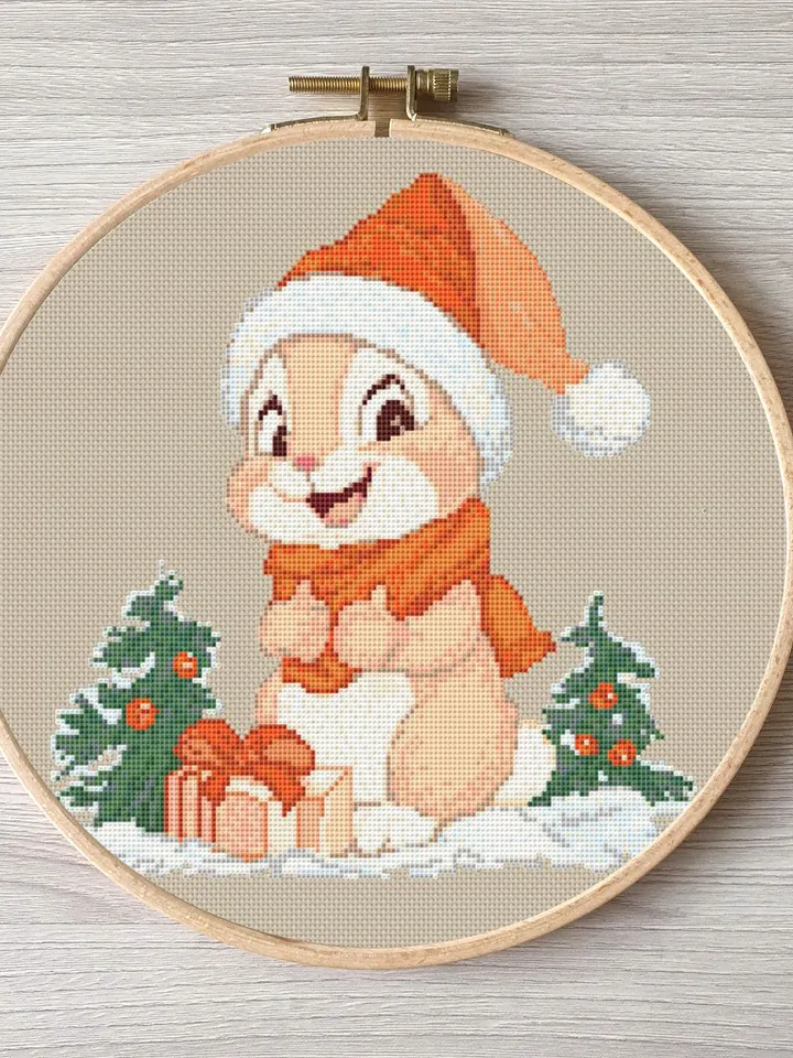 Christmas bunny cross stitch pattern pdf, Rabbit embroidery DIY