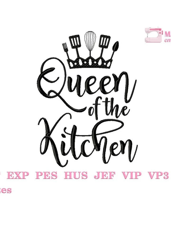 Queen of the kitchen machine embroidery design 3 sizes, Funny kitchen embroidery quotes, Cooking embroidery files, Chef Apron design #R7