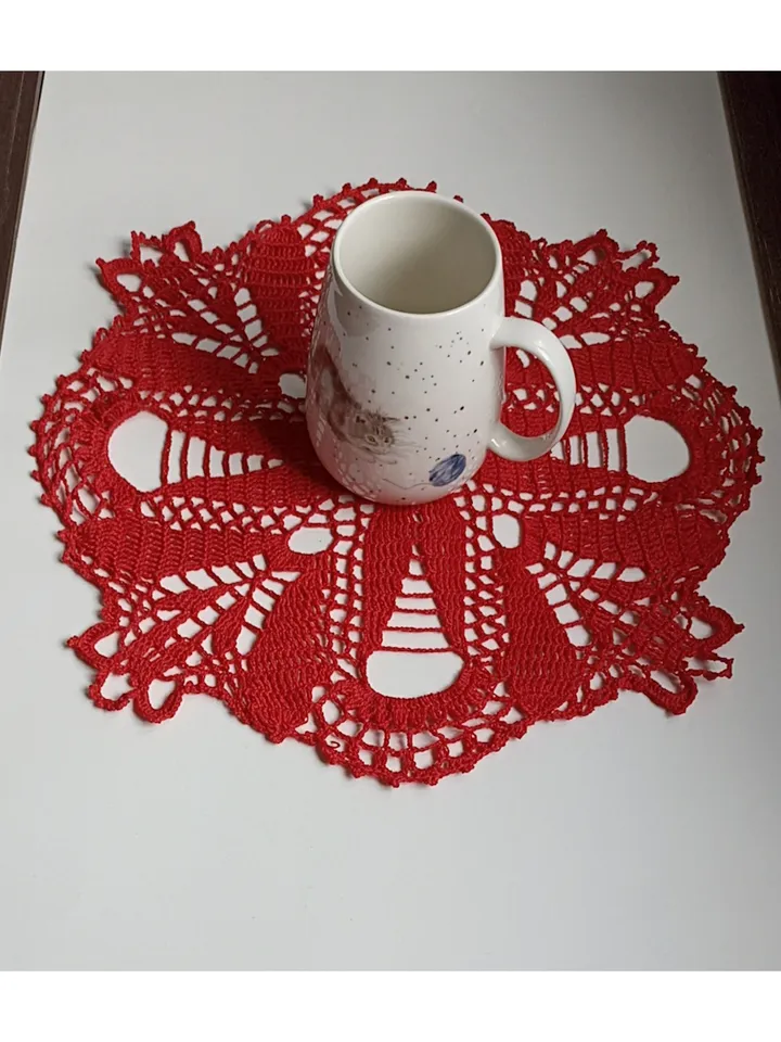 Hand crocheted lace lacy red doily 14 inch