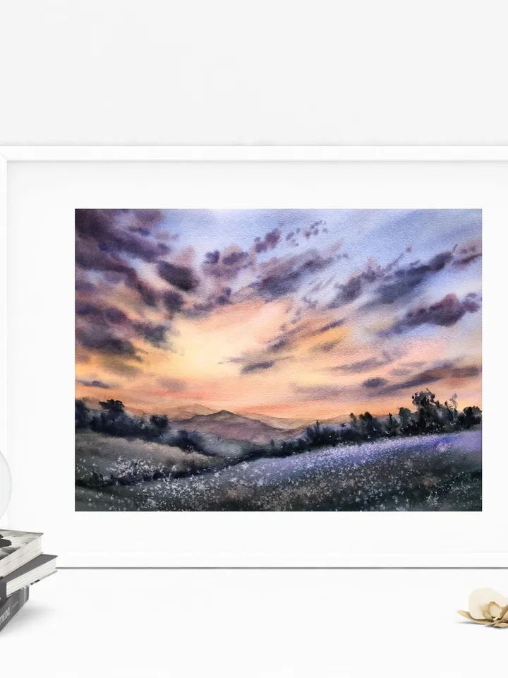Sunset Painting Original Watercolor Landscape Cloud Painting Original Sky Wall art