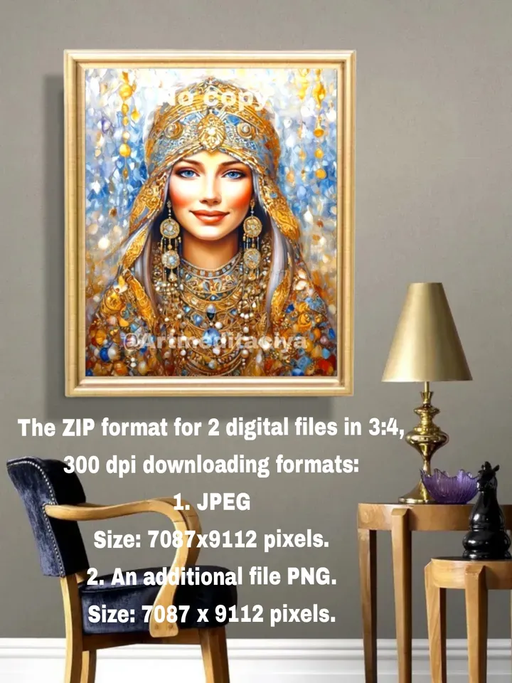 Digital abstract textural painting "Mysterious Russian Beauty" with expressive big blue eyes in a national costume on an abstract snowy mosaic background in golden-blue tones with zen elements of aged gold in the style of oil painting