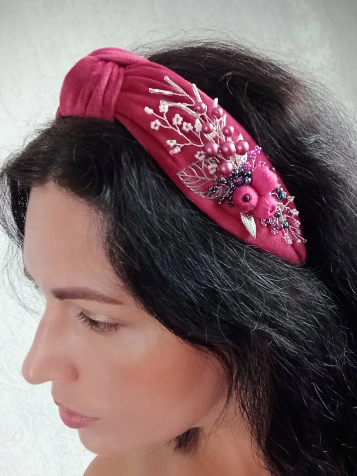 Magenta tie headband for women, beaded crystal headband, velvet embroidered headband, embellished headband, turban headband