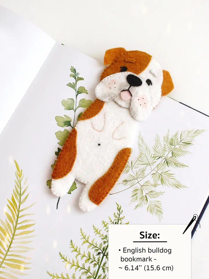 Felt long English bulldog bookmark hand sewing PDF tutorial with patterns. DIY dog breed bookmark. Book and pets lover gift. Felt school supplies