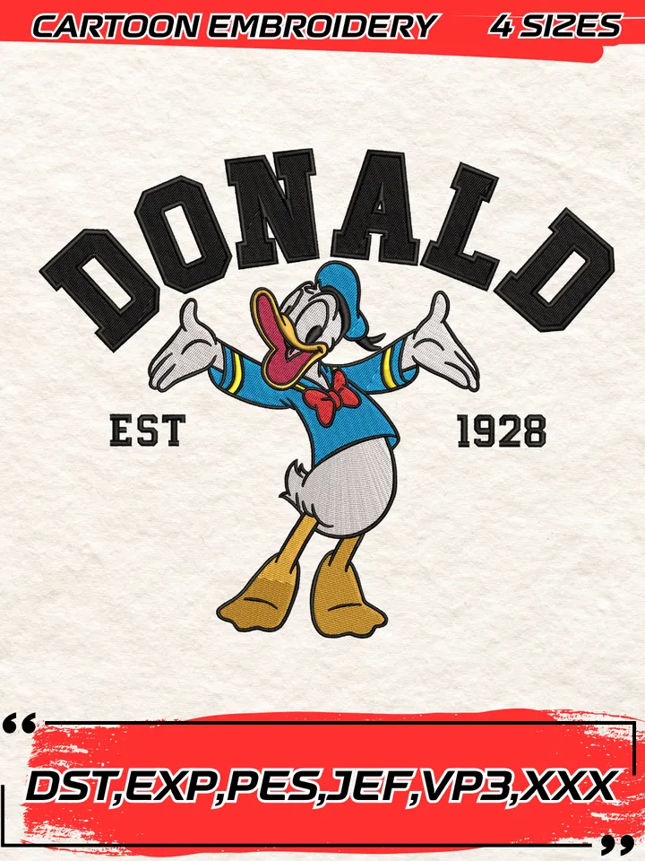 Donald Duck Est 1928 Embroidery Design, Donald Duck Embroidery Design ,Machine Embroidery Design File,4 Sizes, Digital Download