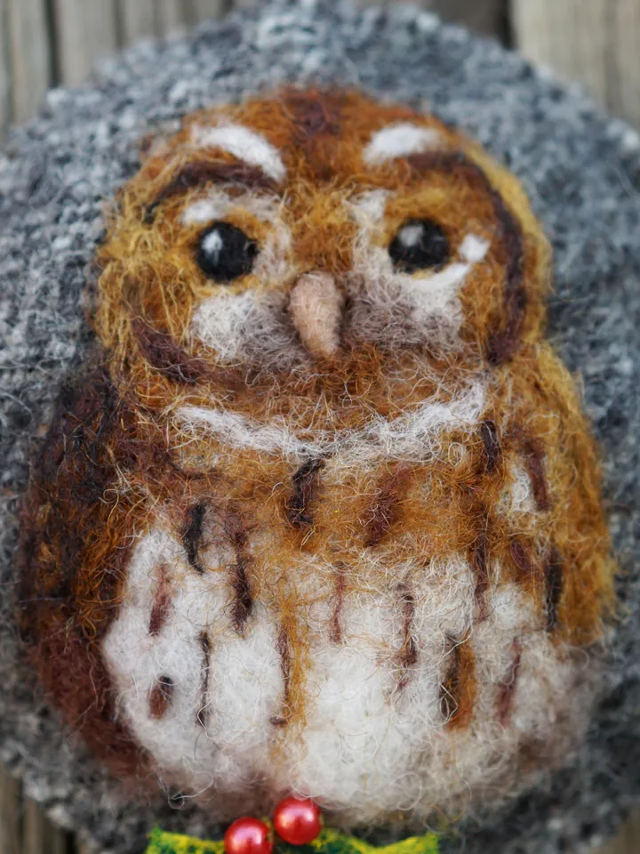 Tawny owl Christmas ornament, bird portrait, needle felted owl, made to order