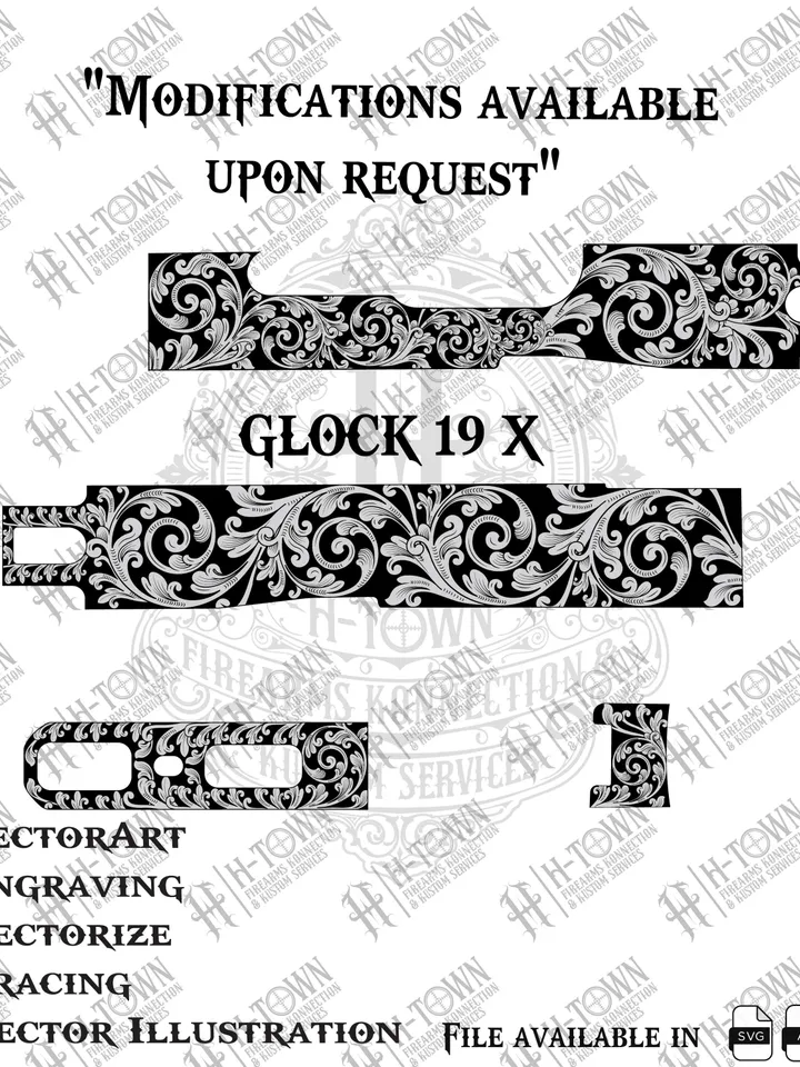 GLOCK 19 X Engraving Scroll Vector | Ornamental Grip Design | Full Slide Svg Png AI EPS | Custom Laser Template