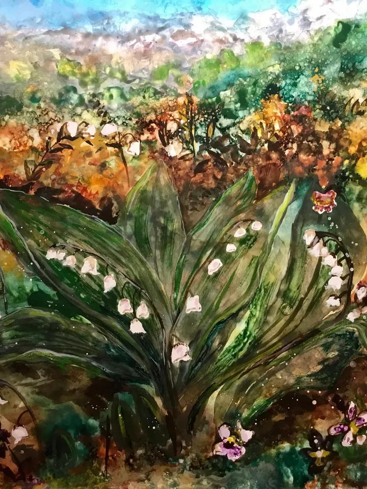 Lillies of the valley original watercolour and alcohol inks mix media painting on yupo paper,flowers painting, flower fields landscape