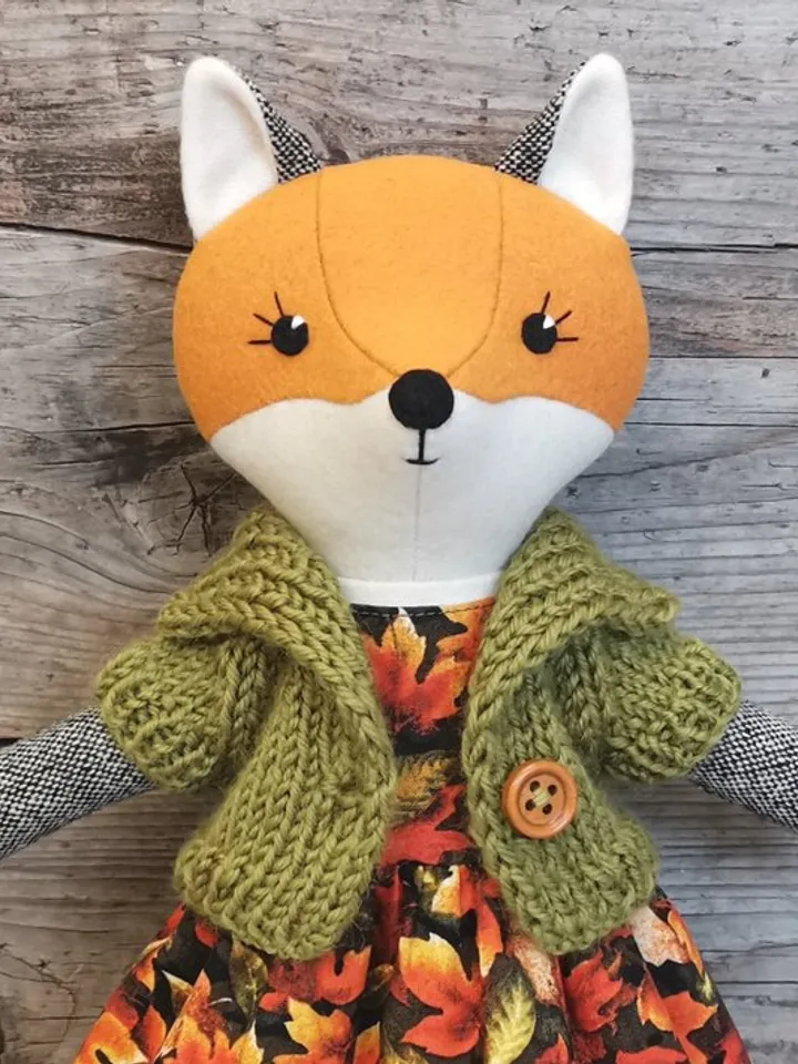 Orange fox girl, handmade stuffed wool doll, textile plush fox, fabric animal doll