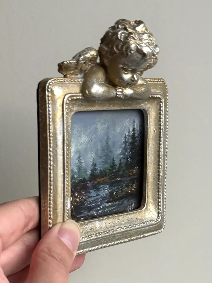 Small Landscape Painting Framed Original Foggy Cliff Painting Antique Misty Art Coastal Gold Frame Tiny Paintings 4 x 4 Art Victorian artwork