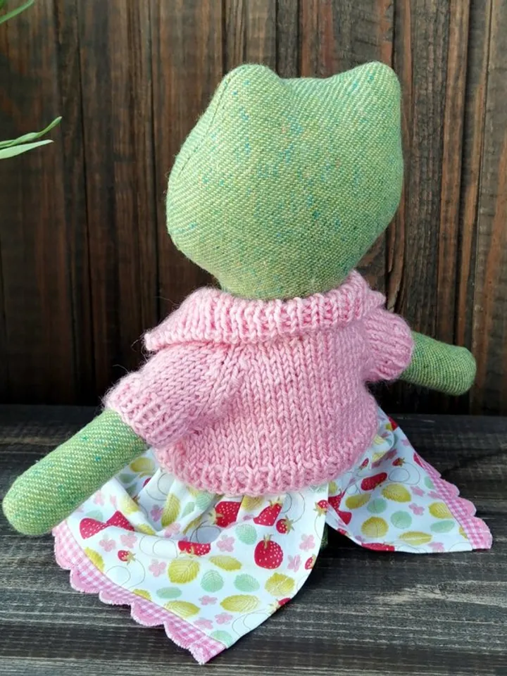 Green frog girl, handmade soft toad toy, textile stuffed doll, fabric frog