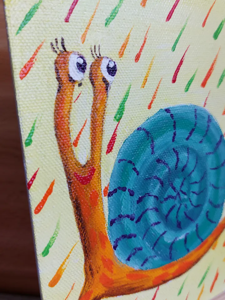 Mini painting with the image of the "Happy Snail", Original design, Painting on the panel