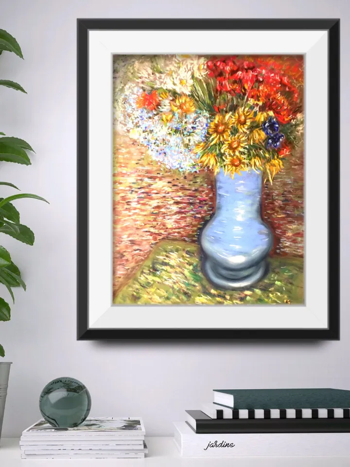 Vase of flowers,impressionistic soft pastel painting on pastelmat Monet inspired,gift for her,original wall art.