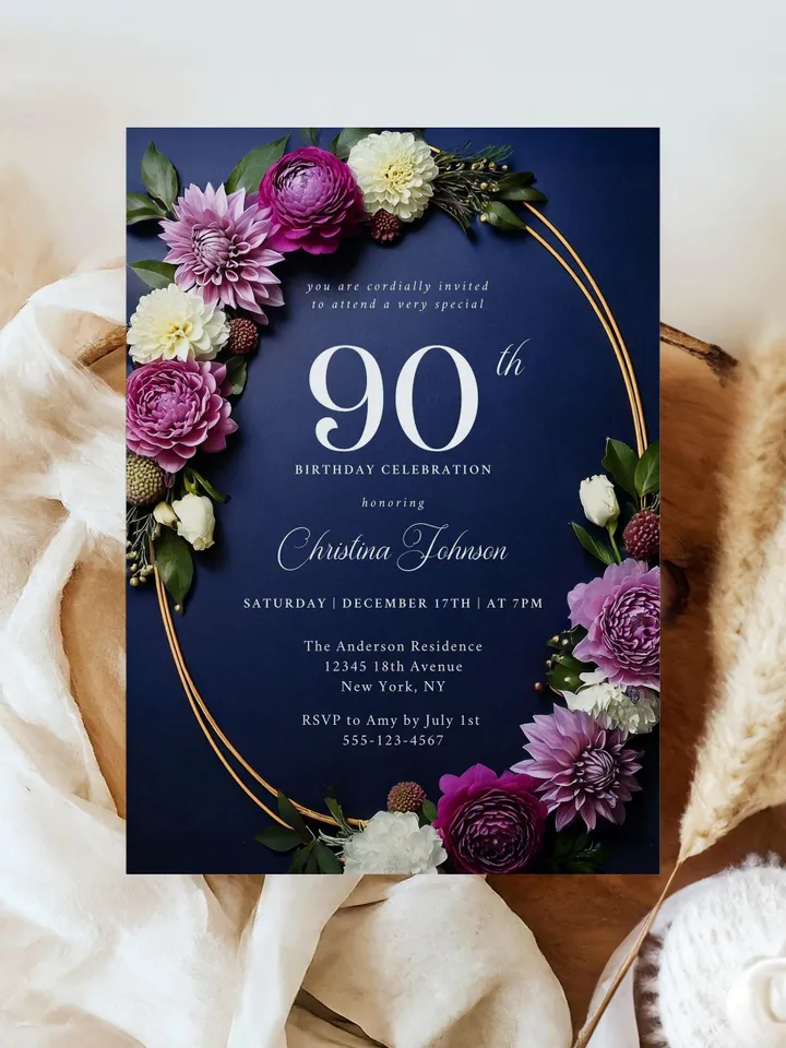90th Birthday Party Invitation Canva Template for Mother Grandma, Moody Purple Flowers Navy & Gold, 90 Years Loved, Digital Invite