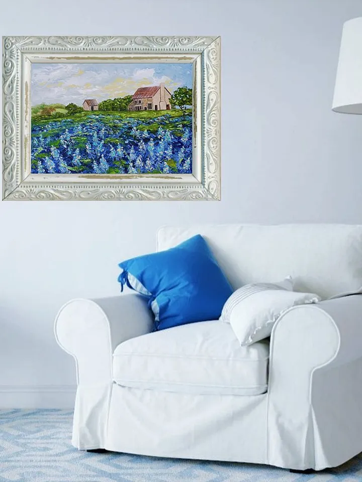 Bluebonnet Painting Farm Original Art Landscape Artwork Impasto Oil Painting