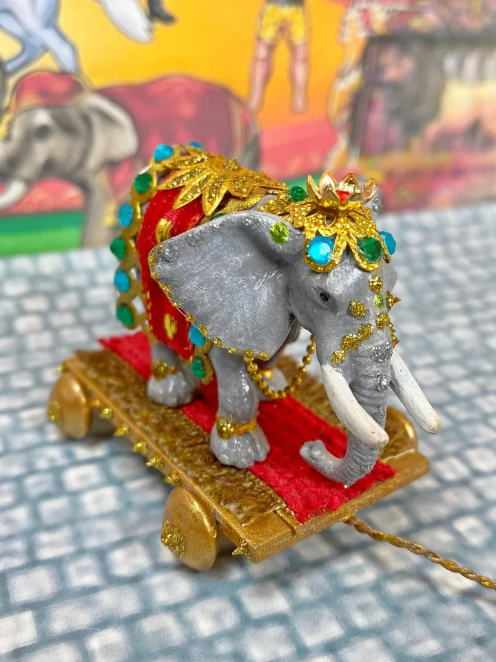 Elephant on a cart. Miniature. 1:12. Toy for a doll. Elephant. Animal for a doll.