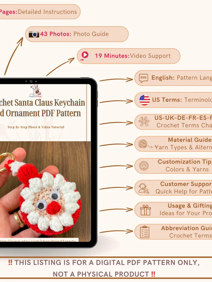 Crochet Santa Claus Keychain and Ornament PDF Pattern, DIY Christmas Decoration, Handmade Festive Keyring, Holiday Crochet Design