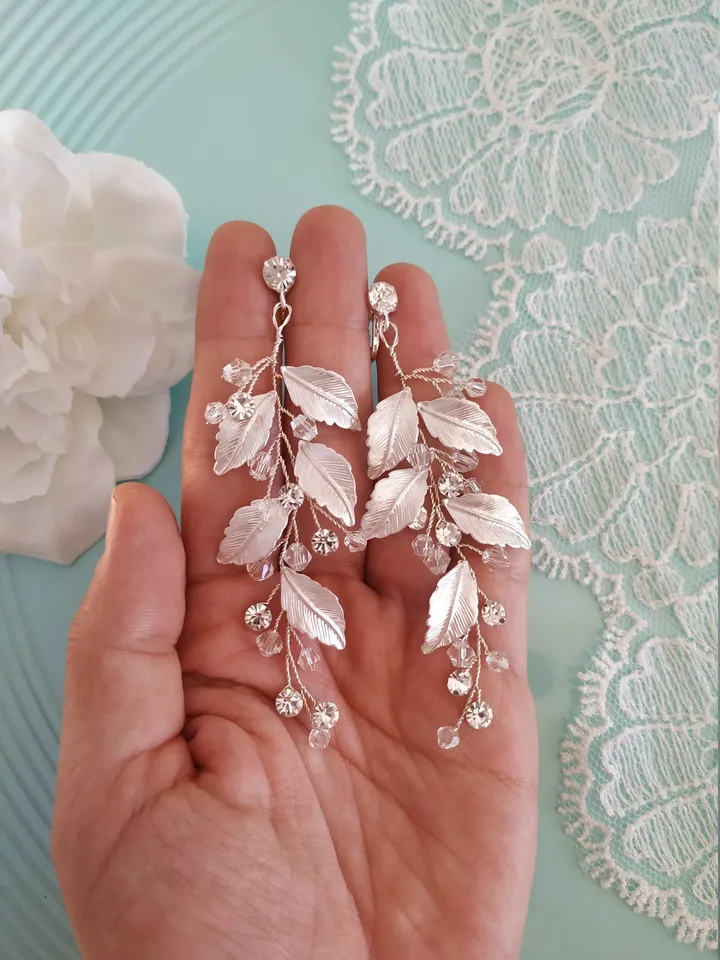 Silver Leaf Wedding Earrings Boho Wedding Earrings Rose Gold Chandelier Earrings Swarovski Crystal Long Bohemian CZ Boho Bridal Earrings