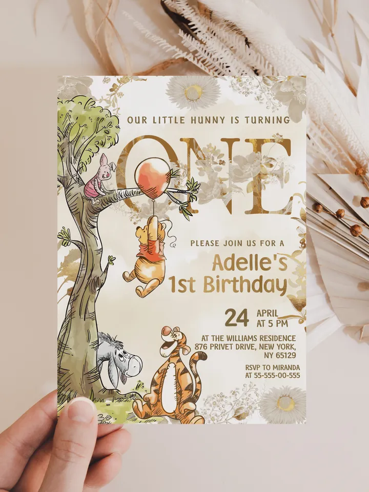 1st Birthday Winnie the Pooh Inspired ; Classic Winnie Pooh Invitations; Neutral Winnie Pooh Turning one; Winnie Pooh Birthday Party poom88