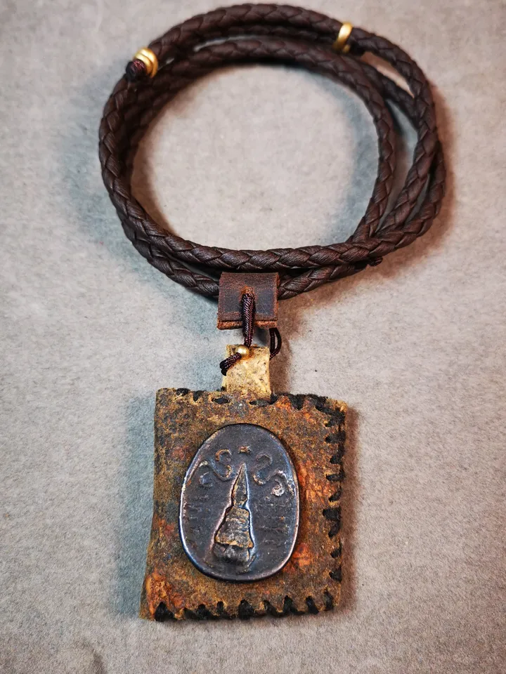 Gandhanra Antique Amulet Pendant,Stupa / Pagoda Tsa Tsa Mold on leather Sachet