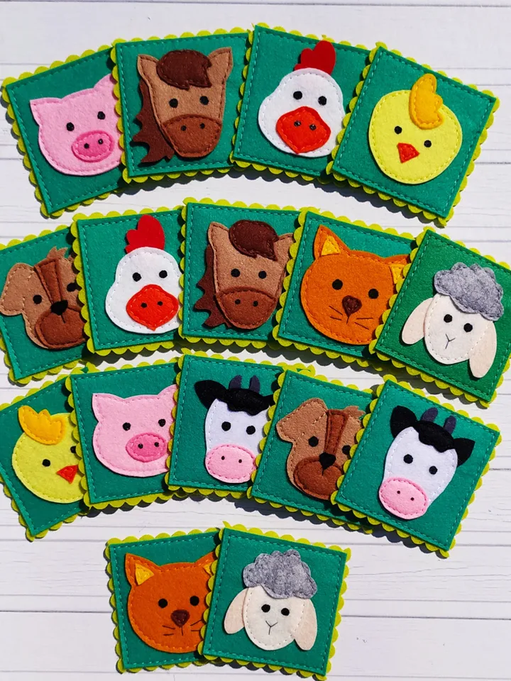 Felt memory game PDF Pattern, Farm animals Matching Cards, Educational toys for kids, Felt toy pattern, Travel Toys for toddlers
