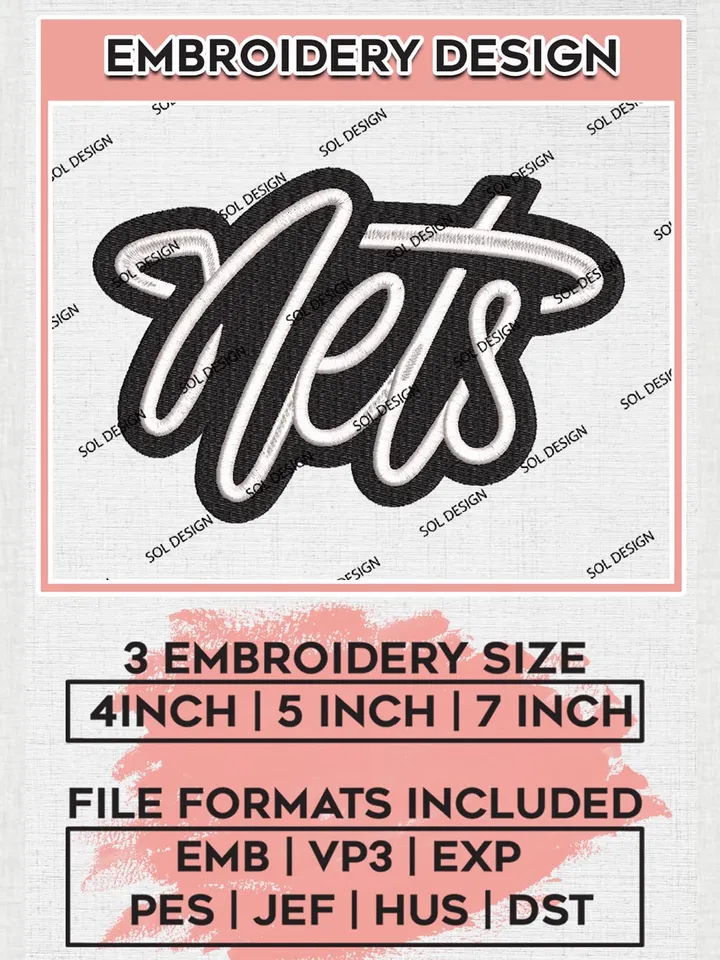 NBA Nets Team Writing Logo Embroidery Files, Brooklyn Nets Team Embroidery, Basketball Team Logo Emb Files, NBA Team, Machine embroidery Files, Digital Download