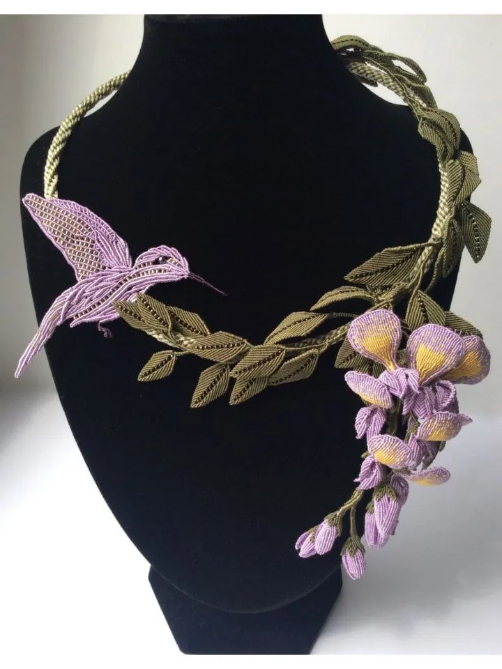 Hummingbird and Wisteria Macrame Necklace — Artful Elegance