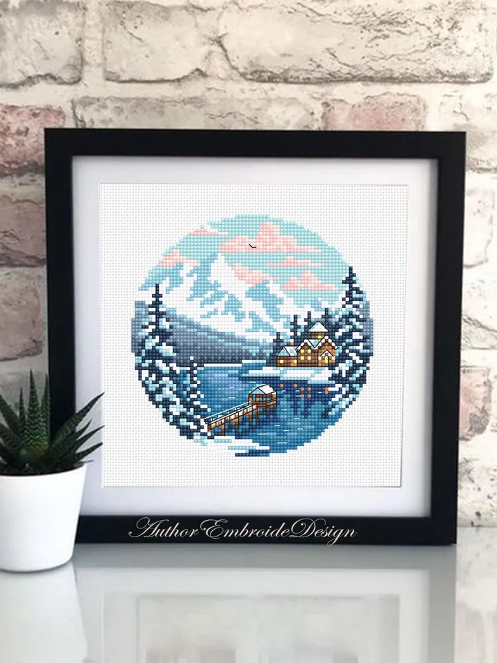 Winter nature landscape cross stitch pattern PDF download Dock lake cross stitch chart, Snow pattern digital PDF, Mountain landscape #L95