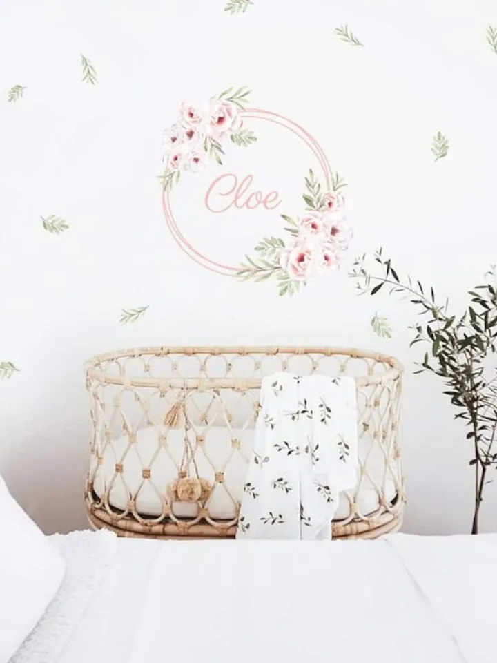 Custom Name Wall Decals/ Peony Decal/ Frame with Flowers Decals/ Flower Decals/ Nursery Stickers/ Girl Stickers/ Baby Decals h137