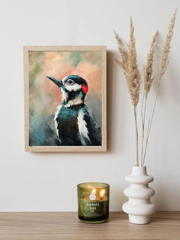 Birds Original Painting Woodpecker Wall Art Bird Oil Painting