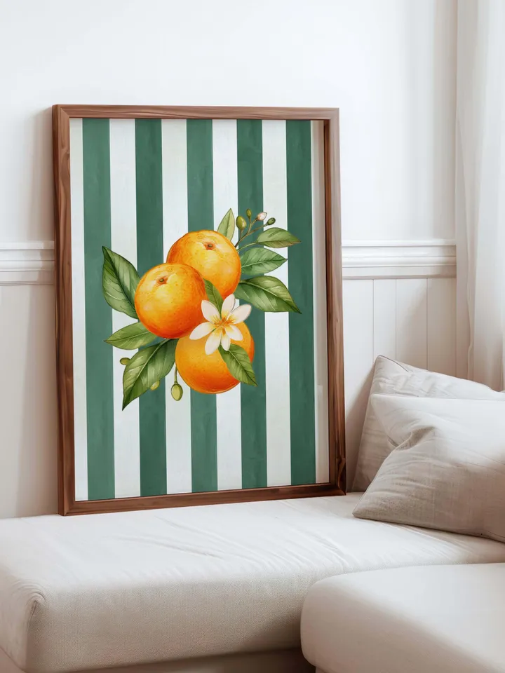 Orange Wall Decor, Orange Fruit Poster, Farmhouse Kitchen Art Painting, Kitchen Prints, Trendy Food Art, Retro Kitchen Art, Fruit Wall Decor